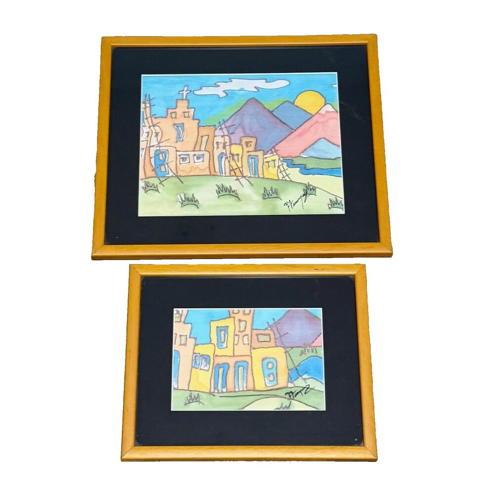 Yvonne Feavearyear Original Signed Silk Paintings Framed Set of 2 Southwest